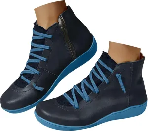 Cowgirl Boots Women's Side Zipper Ankle Boots Lace-Up Hiking Daily Short Flat Booties For Ladies Fall Winter