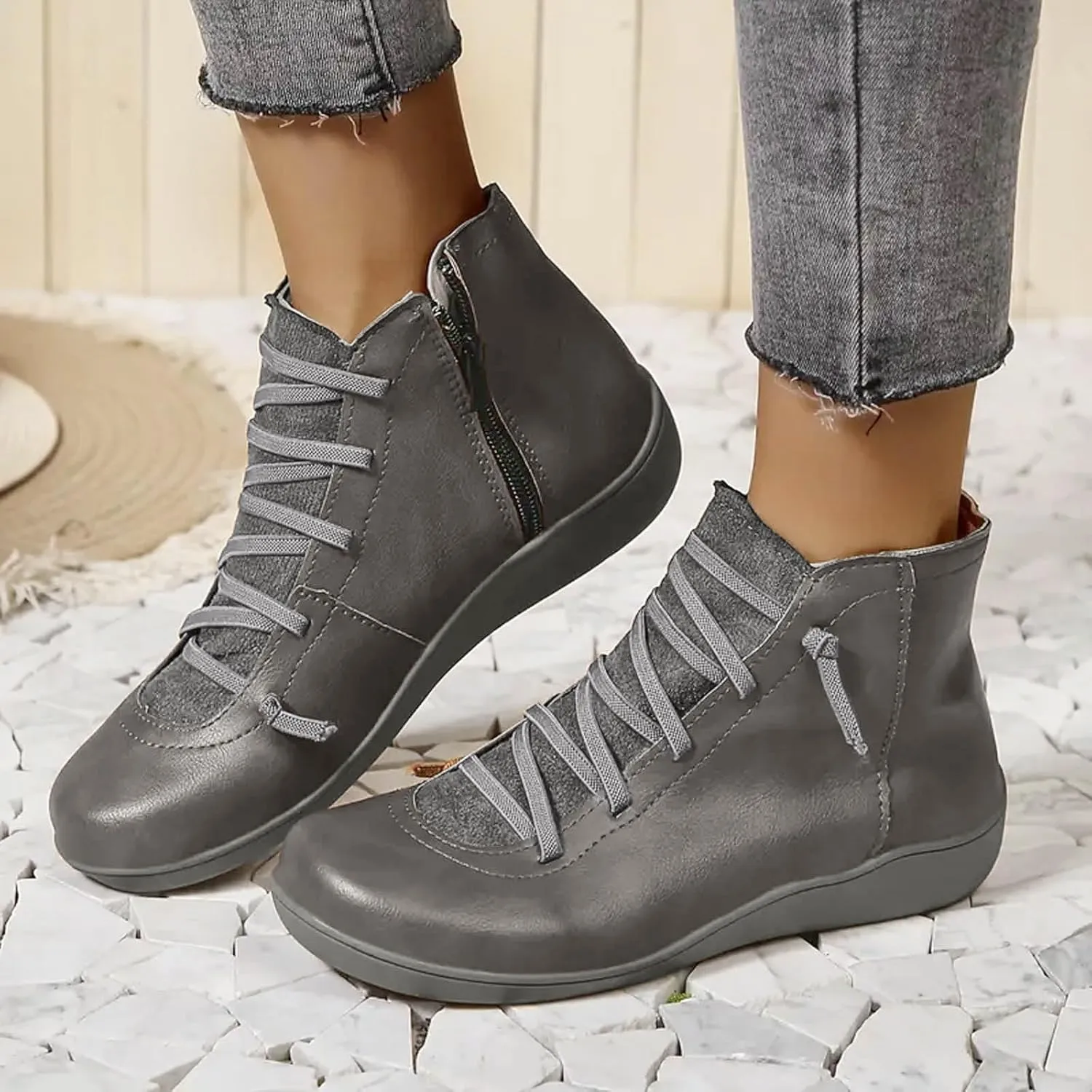 Cowgirl Boots Women's Side Zipper Ankle Boots Lace-Up Hiking Daily Short Flat Booties For Ladies Fall Winter