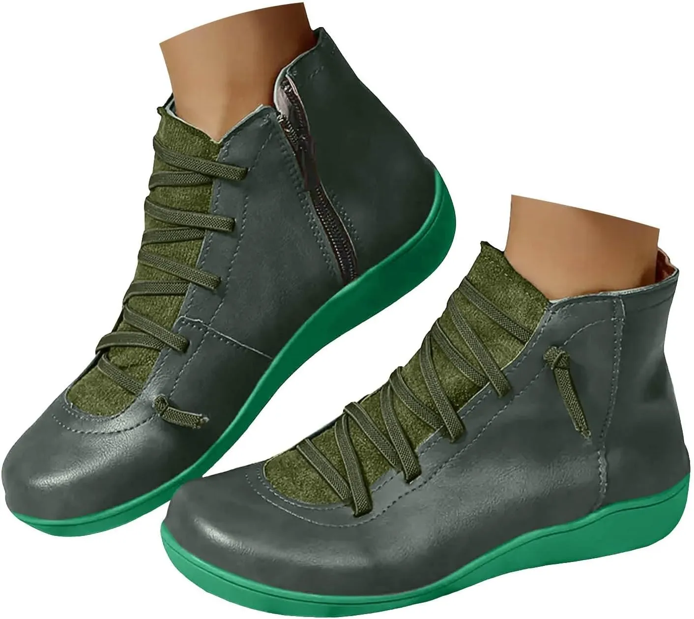 Cowgirl Boots Women's Side Zipper Ankle Boots Lace-Up Hiking Daily Short Flat Booties For Ladies Fall Winter