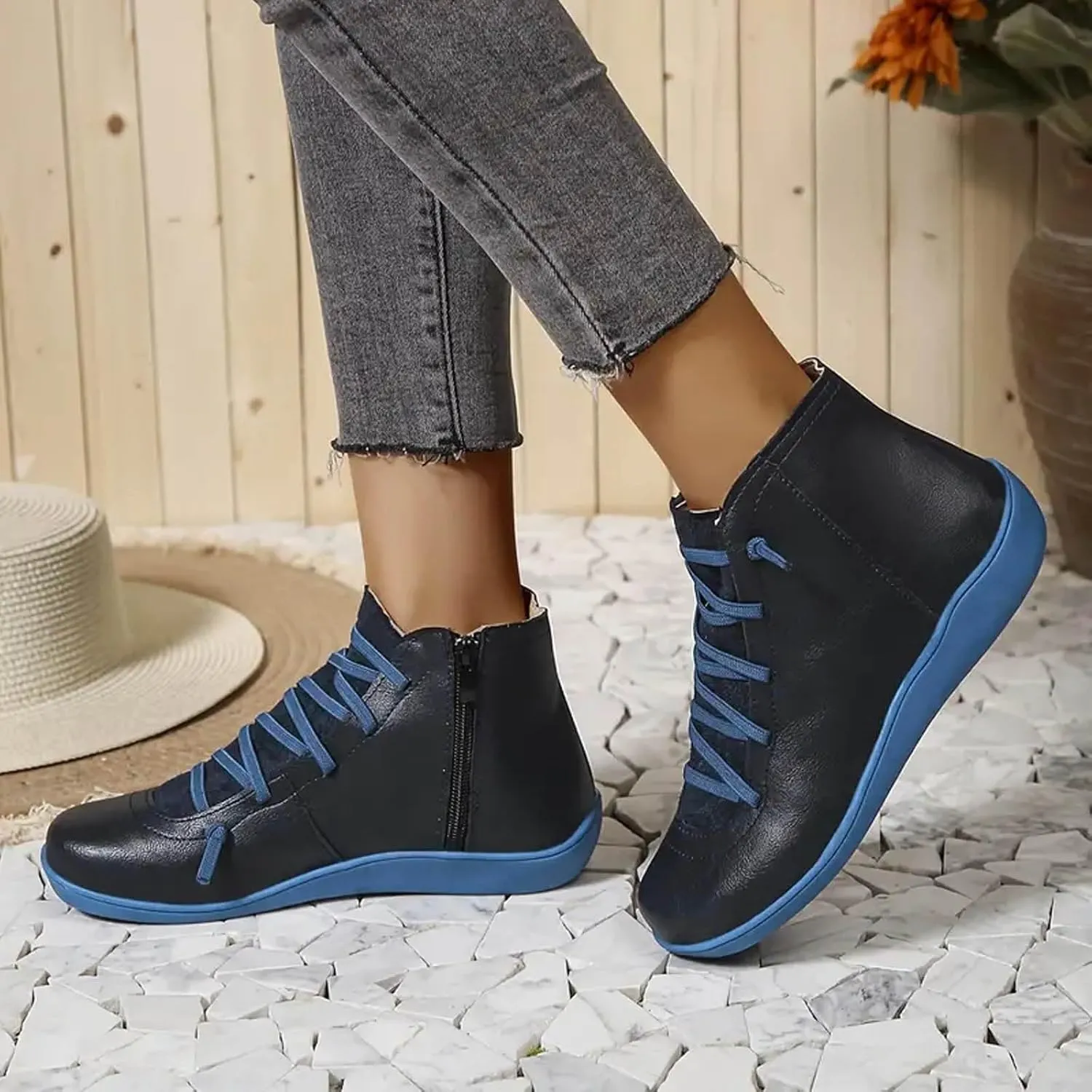 Cowgirl Boots Women's Side Zipper Ankle Boots Lace-Up Hiking Daily Short Flat Booties For Ladies Fall Winter