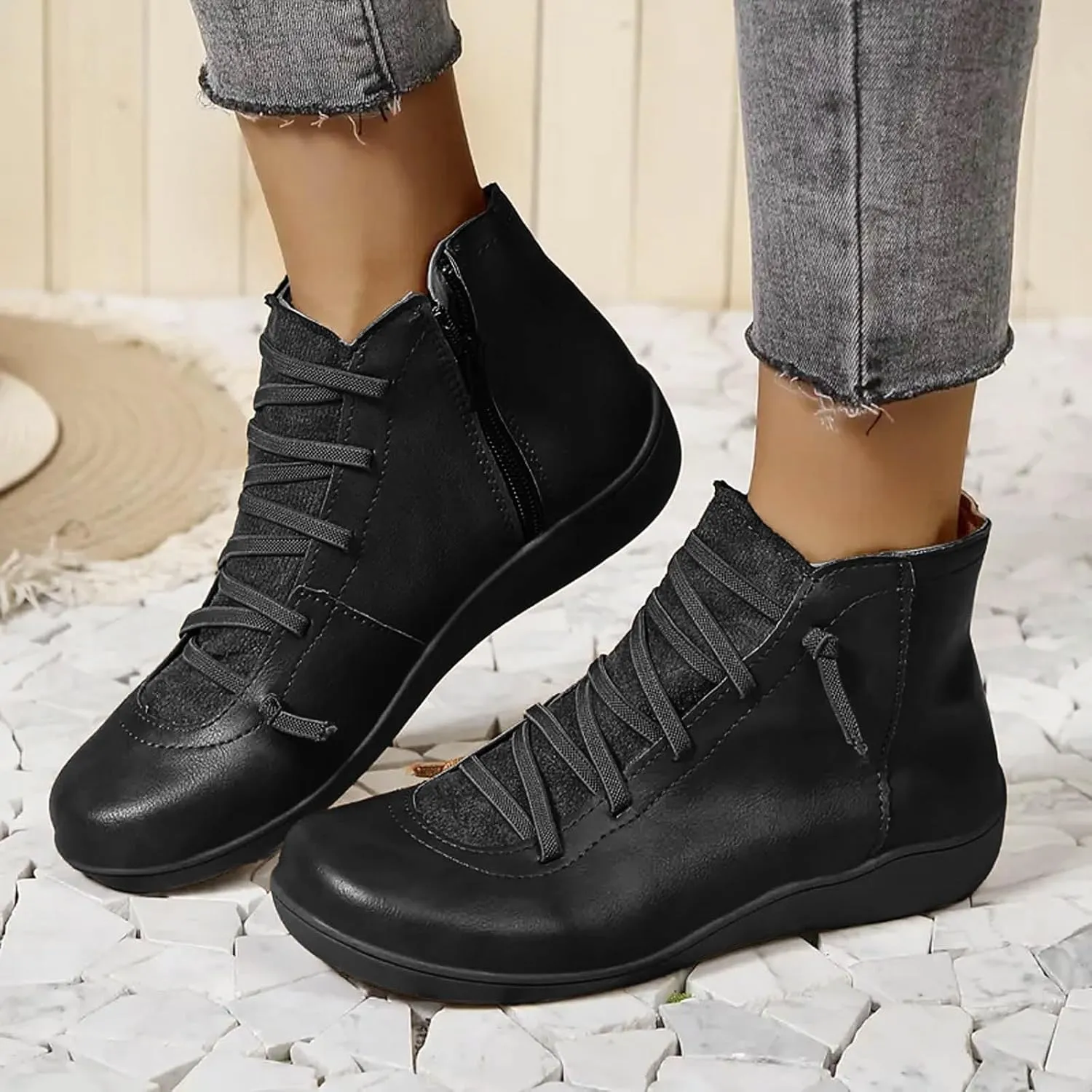 Cowgirl Boots Women's Side Zipper Ankle Boots Lace-Up Hiking Daily Short Flat Booties For Ladies Fall Winter