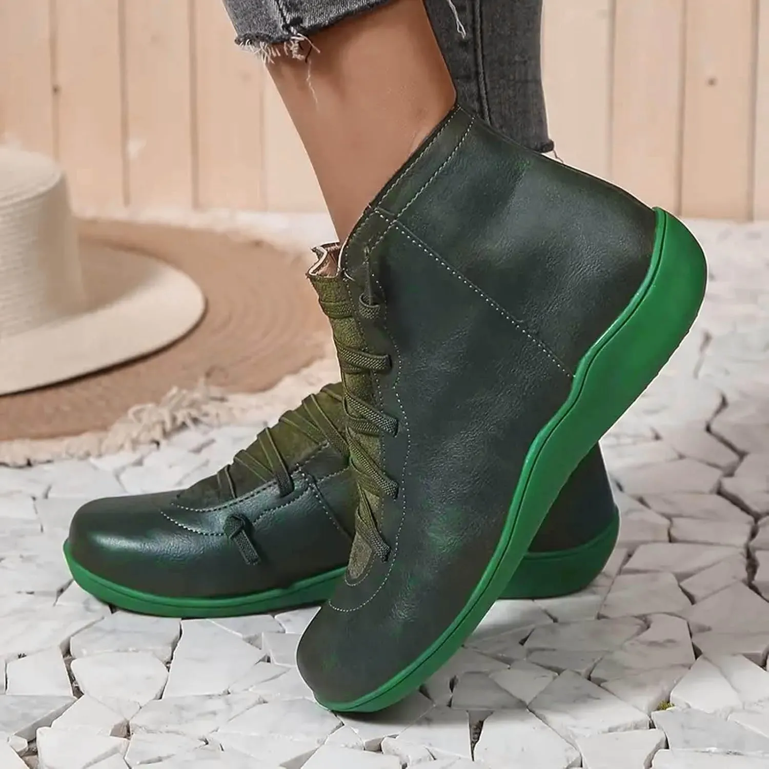 Cowgirl Boots Women's Side Zipper Ankle Boots Lace-Up Hiking Daily Short Flat Booties For Ladies Fall Winter
