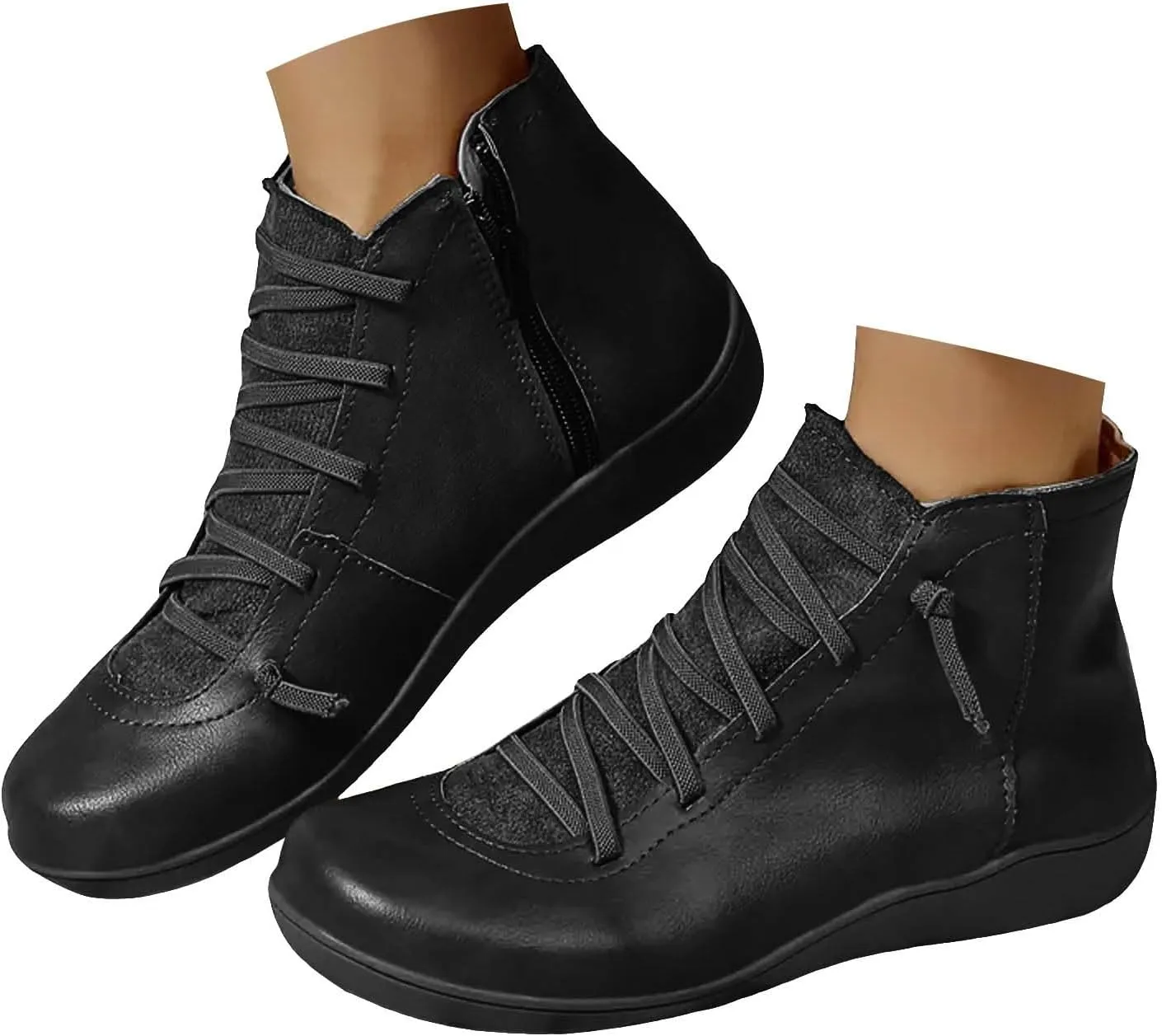 Cowgirl Boots Women's Side Zipper Ankle Boots Lace-Up Hiking Daily Short Flat Booties For Ladies Fall Winter