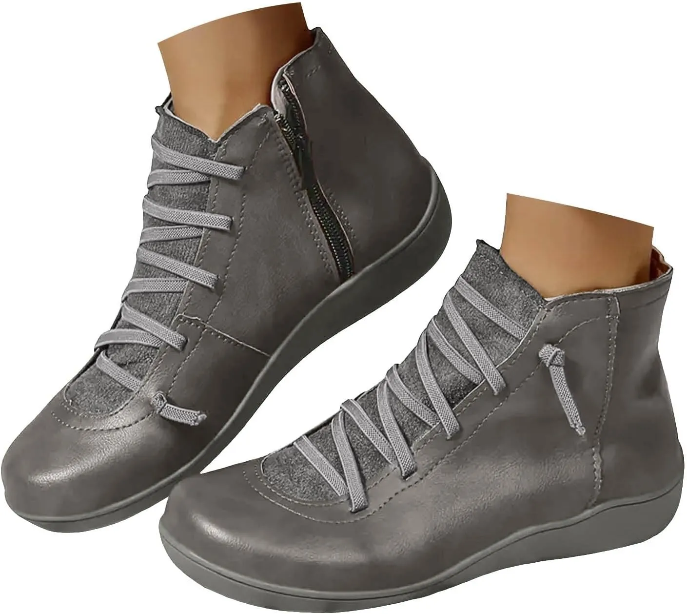 Cowgirl Boots Women's Side Zipper Ankle Boots Lace-Up Hiking Daily Short Flat Booties For Ladies Fall Winter