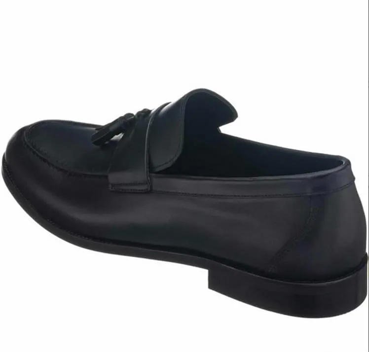 DALGALA Men's Black Leather Handmade Big Size Tassel Loafers, Casual Slip on Dress Shoes