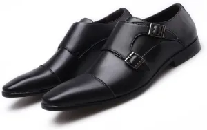 Dress Formal Shoes for Men Slip On Double Monk Strap Cap Toe PU Leather Low Top Block Heel Non Slip Anti-Slip Working (Color : Black, Size : 8.5)