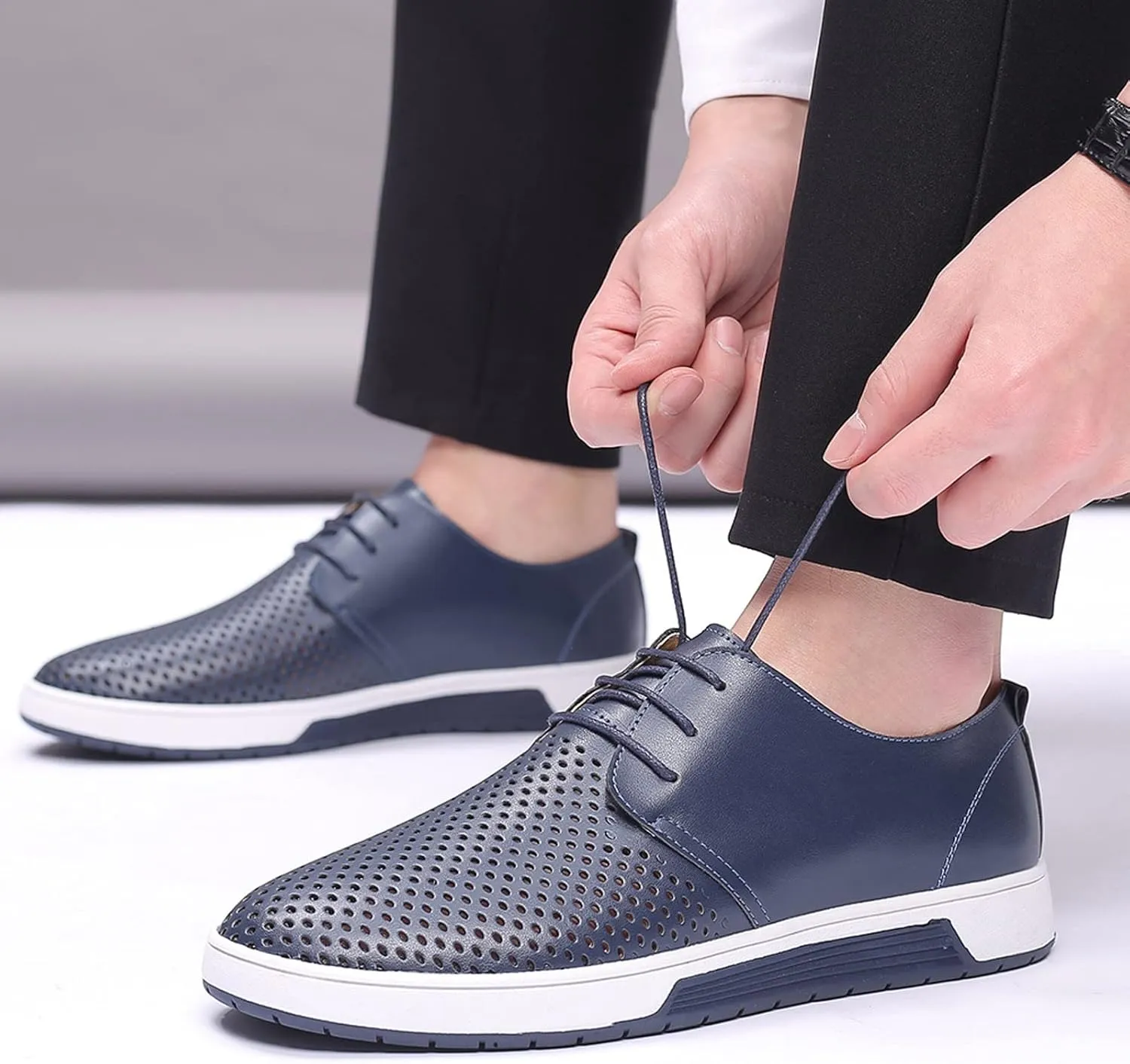 Dress Shoe Men Slip On Summer Style Men's Breathable Comfortable Business Lace Up Leisure Hollow Solid Leather Shoes Wingtip Oxfords Shoes Men