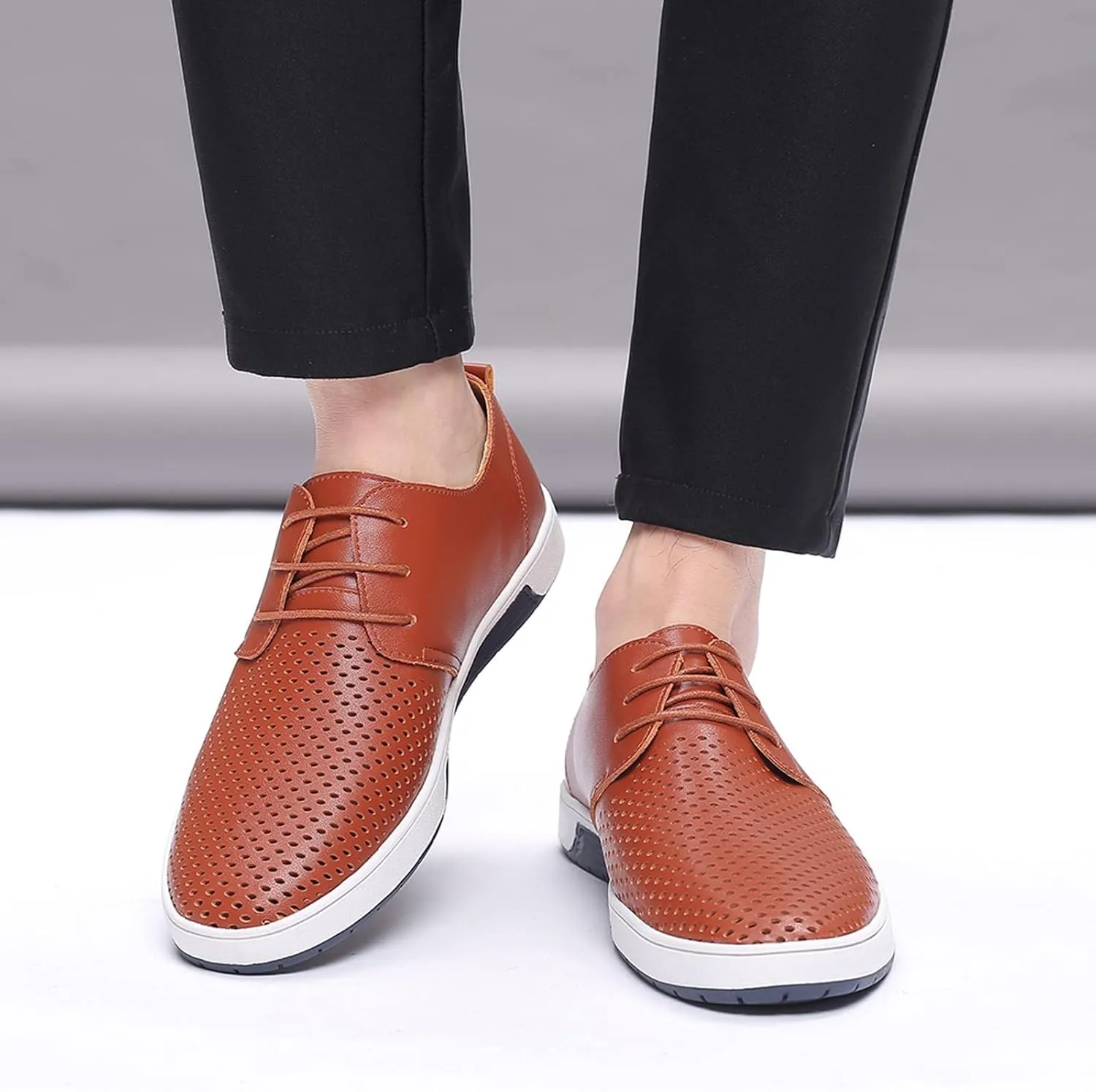 Dress Shoe Men Slip On Summer Style Men's Breathable Comfortable Business Lace Up Leisure Hollow Solid Leather Shoes Wingtip Oxfords Shoes Men
