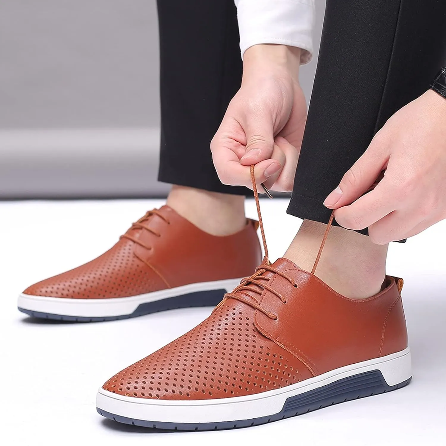 Dress Shoe Men Slip On Summer Style Men's Breathable Comfortable Business Lace Up Leisure Hollow Solid Leather Shoes Wingtip Oxfords Shoes Men