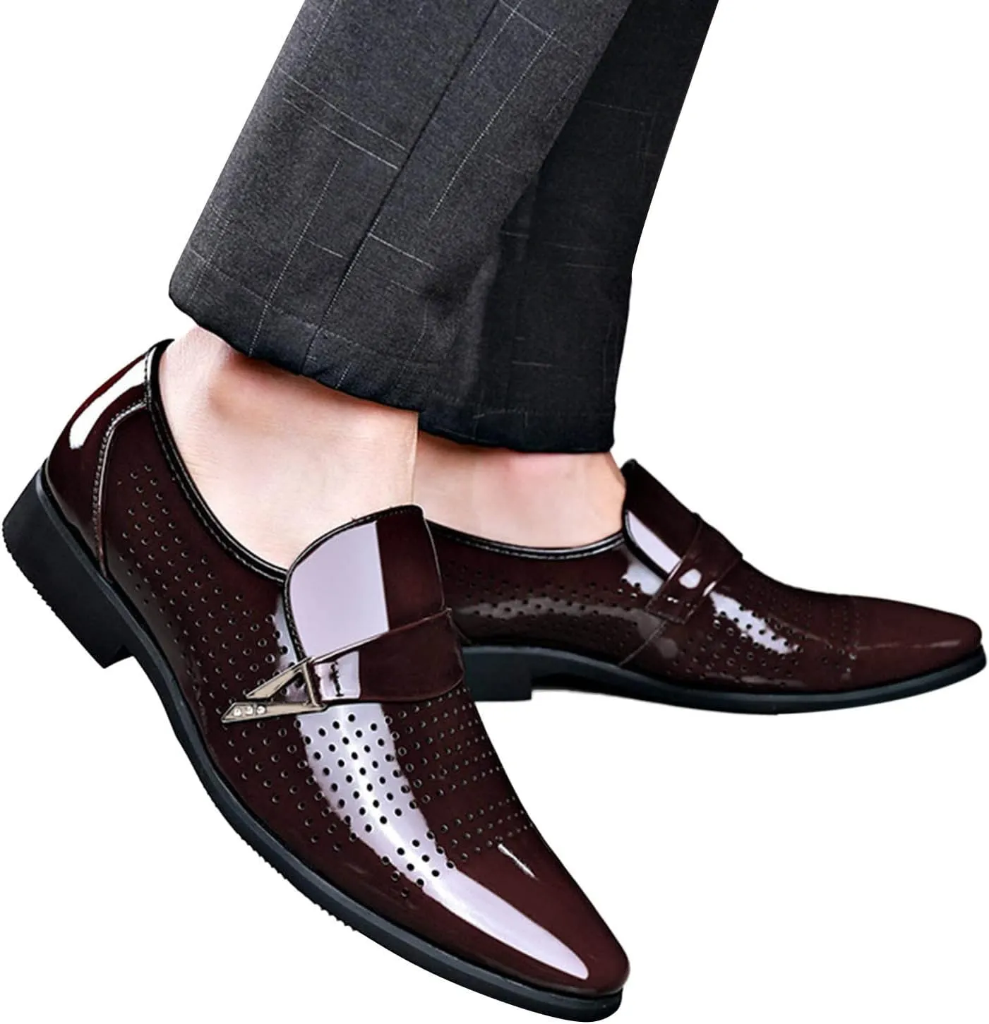 Dress Shoes for Men Fashion Leather Classic Style Men Leather Shoes Metal Buckle Shoes Diamond Cutout Breathable Business Casual Pointed Toe Leather Shoes Business Shoes for Men Wide