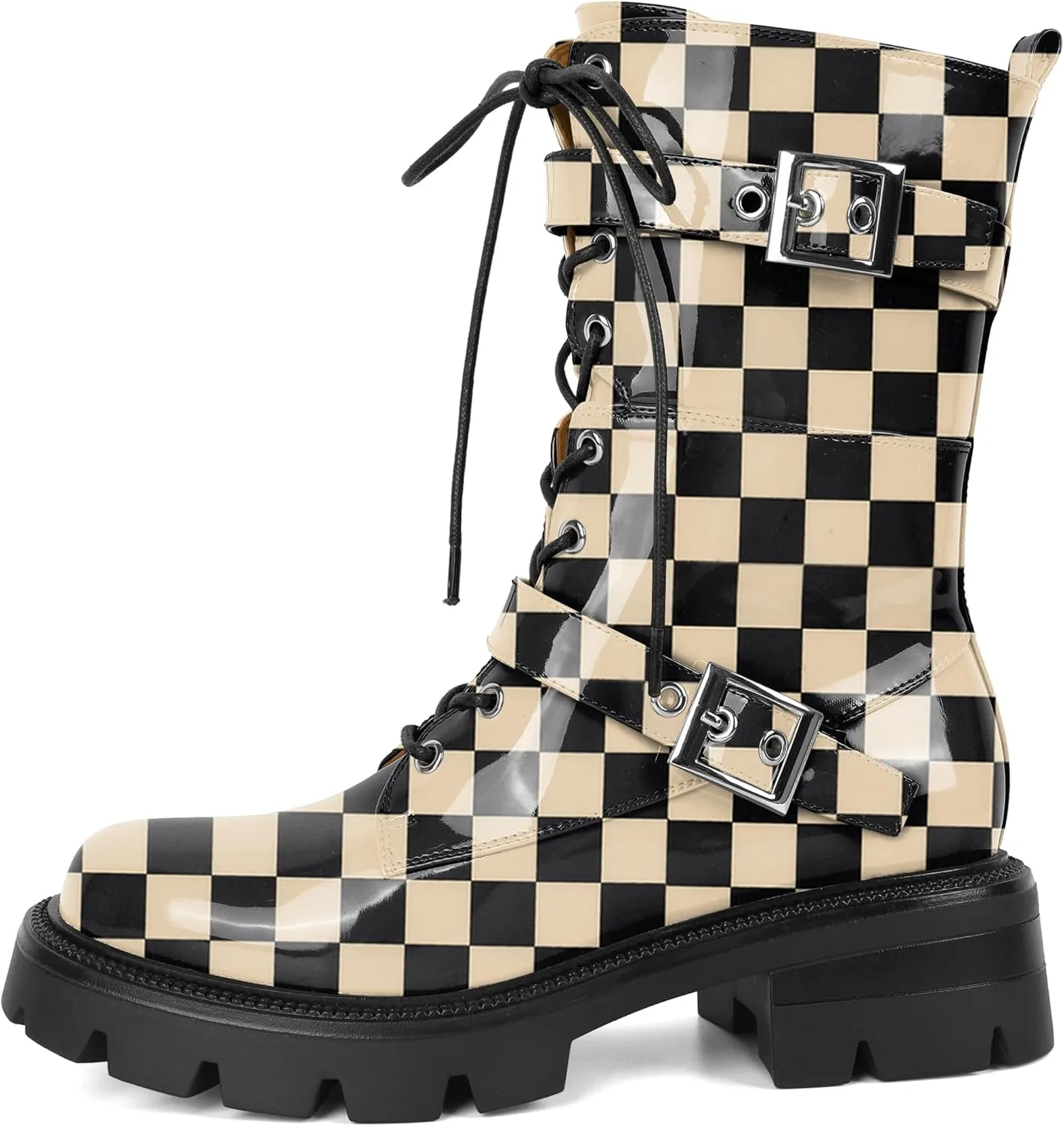 Eldof Women's Combat Boots Ankle Booties Lace Up Platform Lug Sole Chunky Low Heel Buckle Goth Motorcycle Boots for Women Side Zipper 2 Inches