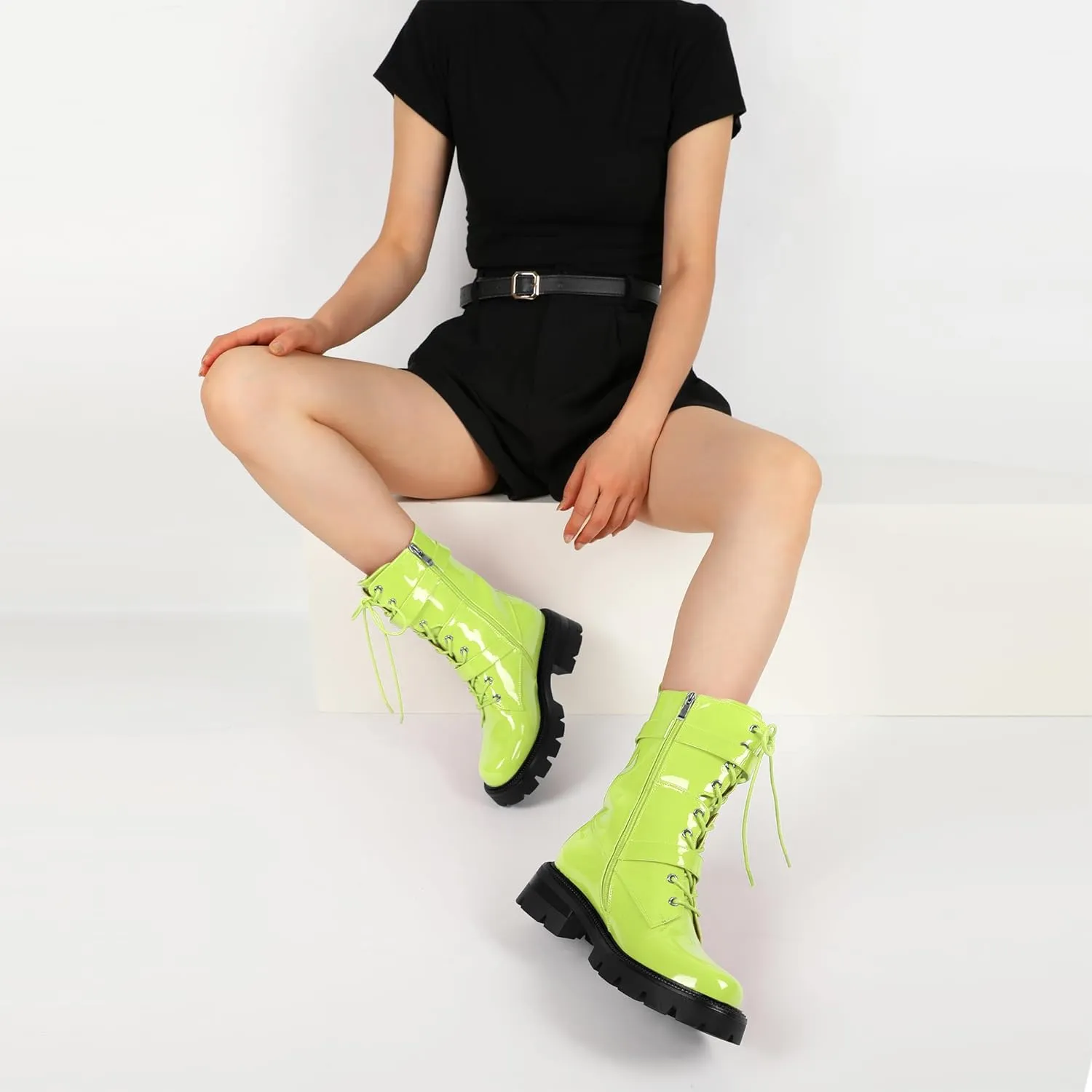 Eldof Women's Combat Boots Ankle Booties Lace Up Platform Lug Sole Chunky Low Heel Buckle Goth Motorcycle Boots for Women Side Zipper 2 Inches