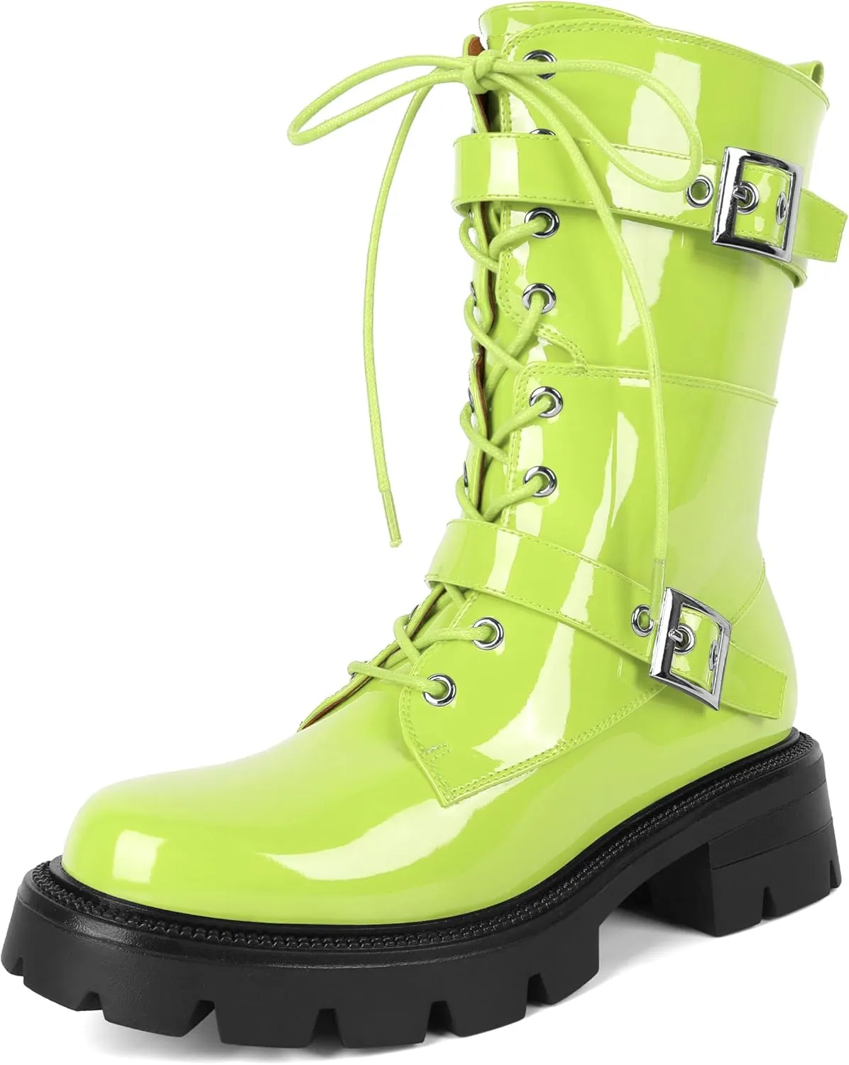 Eldof Women's Combat Boots Ankle Booties Lace Up Platform Lug Sole Chunky Low Heel Buckle Goth Motorcycle Boots for Women Side Zipper 2 Inches