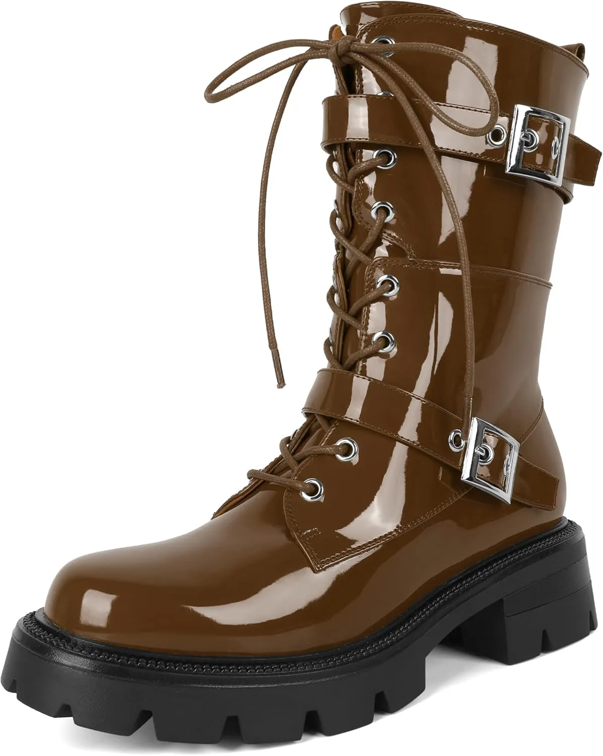 Eldof Women's Combat Boots Ankle Booties Lace Up Platform Lug Sole Chunky Low Heel Buckle Goth Motorcycle Boots for Women Side Zipper 2 Inches