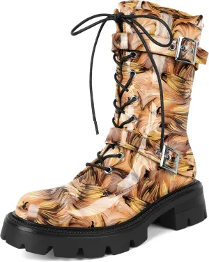 Eldof Women's Combat Boots Ankle Booties Lace Up Platform Lug Sole Chunky Low Heel Buckle Goth Motorcycle Boots for Women Side Zipper 2 Inches