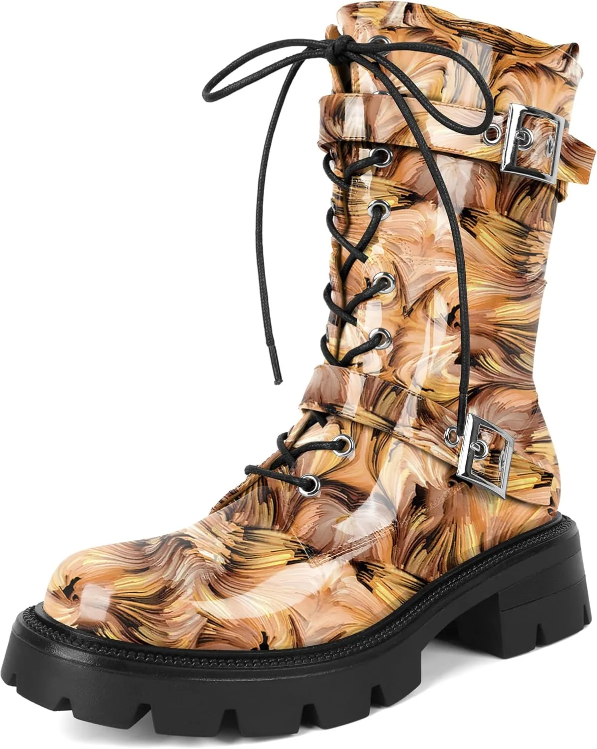 Eldof Women's Combat Boots Ankle Booties Lace Up Platform Lug Sole Chunky Low Heel Buckle Goth Motorcycle Boots for Women Side Zipper 2 Inches