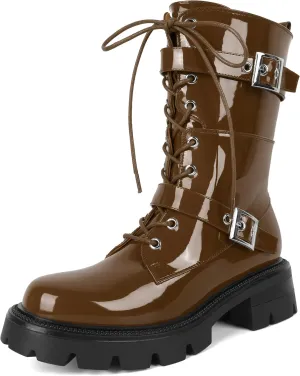 Eldof Women's Combat Boots Ankle Booties Lace Up Platform Lug Sole Chunky Low Heel Buckle Goth Motorcycle Boots for Women Side Zipper 2 Inches