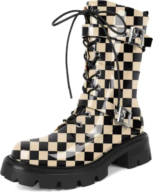 Eldof Women's Combat Boots Ankle Booties Lace Up Platform Lug Sole Chunky Low Heel Buckle Goth Motorcycle Boots for Women Side Zipper 2 Inches