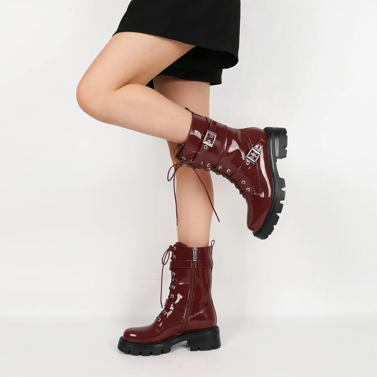 Eldof Women's Combat Boots Ankle Booties Lace Up Platform Lug Sole Chunky Low Heel Buckle Goth Motorcycle Boots for Women Side Zipper 2 Inches