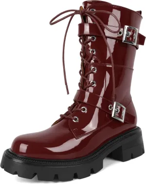 Eldof Women's Combat Boots Ankle Booties Lace Up Platform Lug Sole Chunky Low Heel Buckle Goth Motorcycle Boots for Women Side Zipper 2 Inches