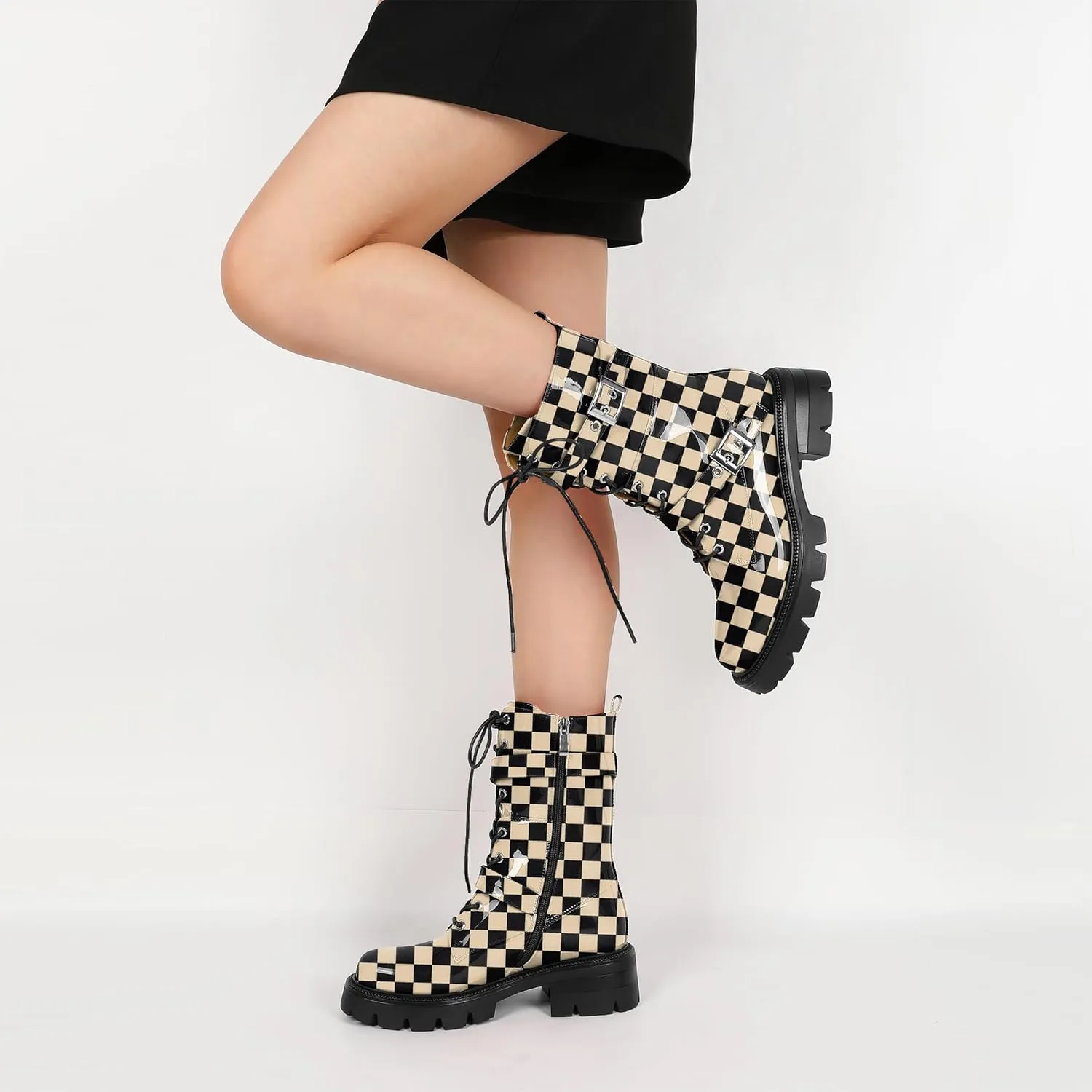 Eldof Women's Combat Boots Ankle Booties Lace Up Platform Lug Sole Chunky Low Heel Buckle Goth Motorcycle Boots for Women Side Zipper 2 Inches