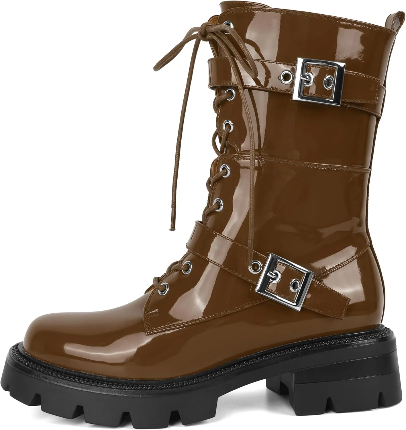 Eldof Women's Combat Boots Ankle Booties Lace Up Platform Lug Sole Chunky Low Heel Buckle Goth Motorcycle Boots for Women Side Zipper 2 Inches