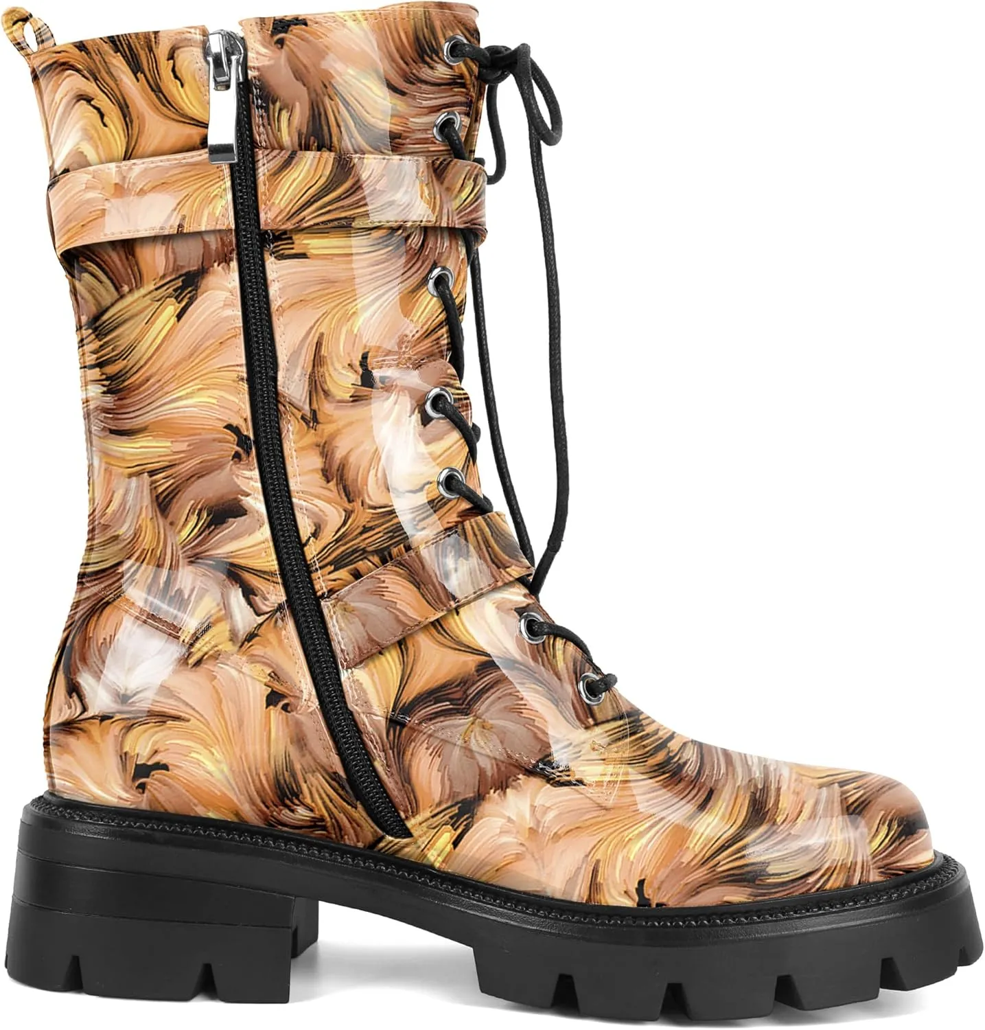 Eldof Women's Combat Boots Ankle Booties Lace Up Platform Lug Sole Chunky Low Heel Buckle Goth Motorcycle Boots for Women Side Zipper 2 Inches