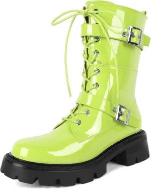 Eldof Women's Combat Boots Ankle Booties Lace Up Platform Lug Sole Chunky Low Heel Buckle Goth Motorcycle Boots for Women Side Zipper 2 Inches