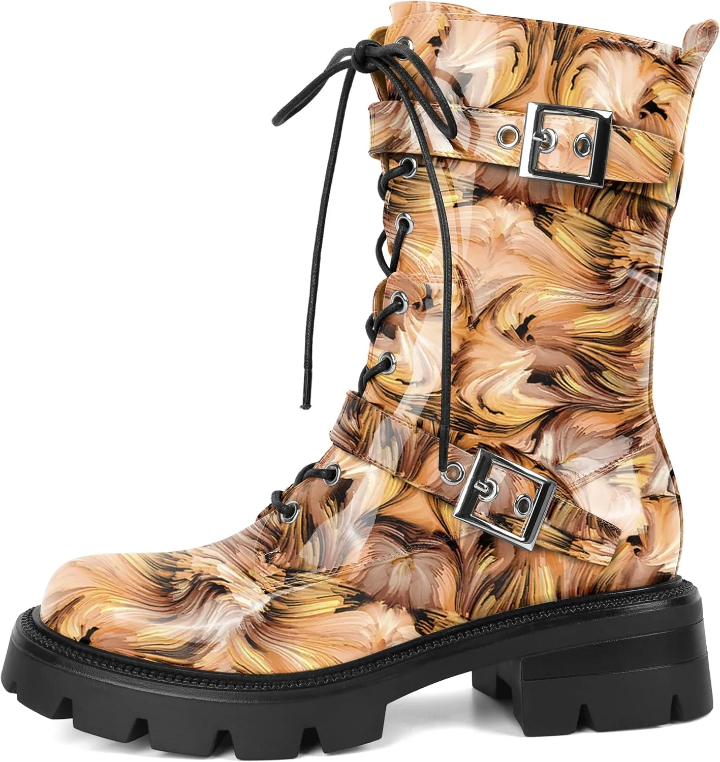 Eldof Women's Combat Boots Ankle Booties Lace Up Platform Lug Sole Chunky Low Heel Buckle Goth Motorcycle Boots for Women Side Zipper 2 Inches