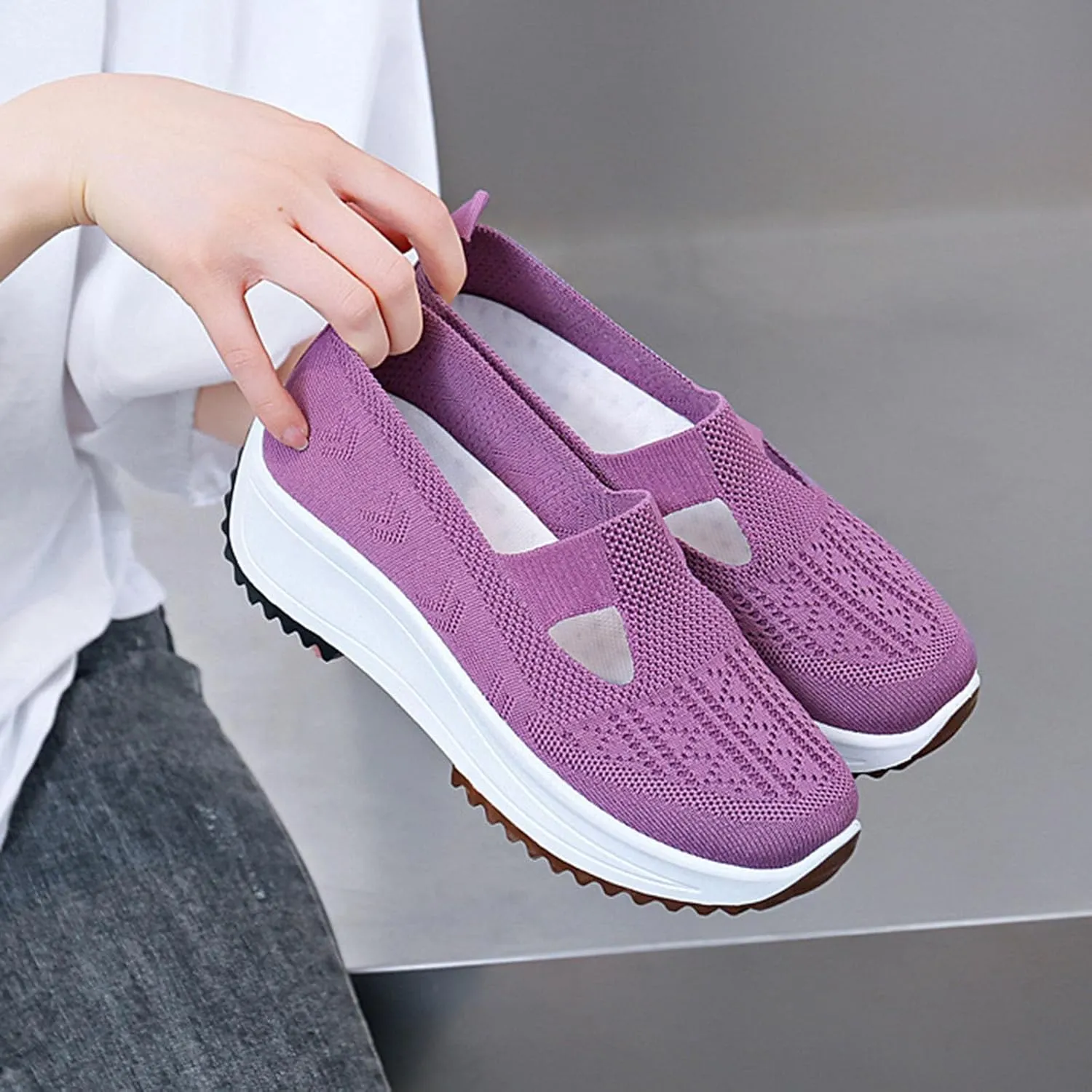 Fashion Summer Women Sports Shoes Flat Bottom Non Slip Mesh Hollow Upper Breathable Soft Slip On Low Top Platform Shoe