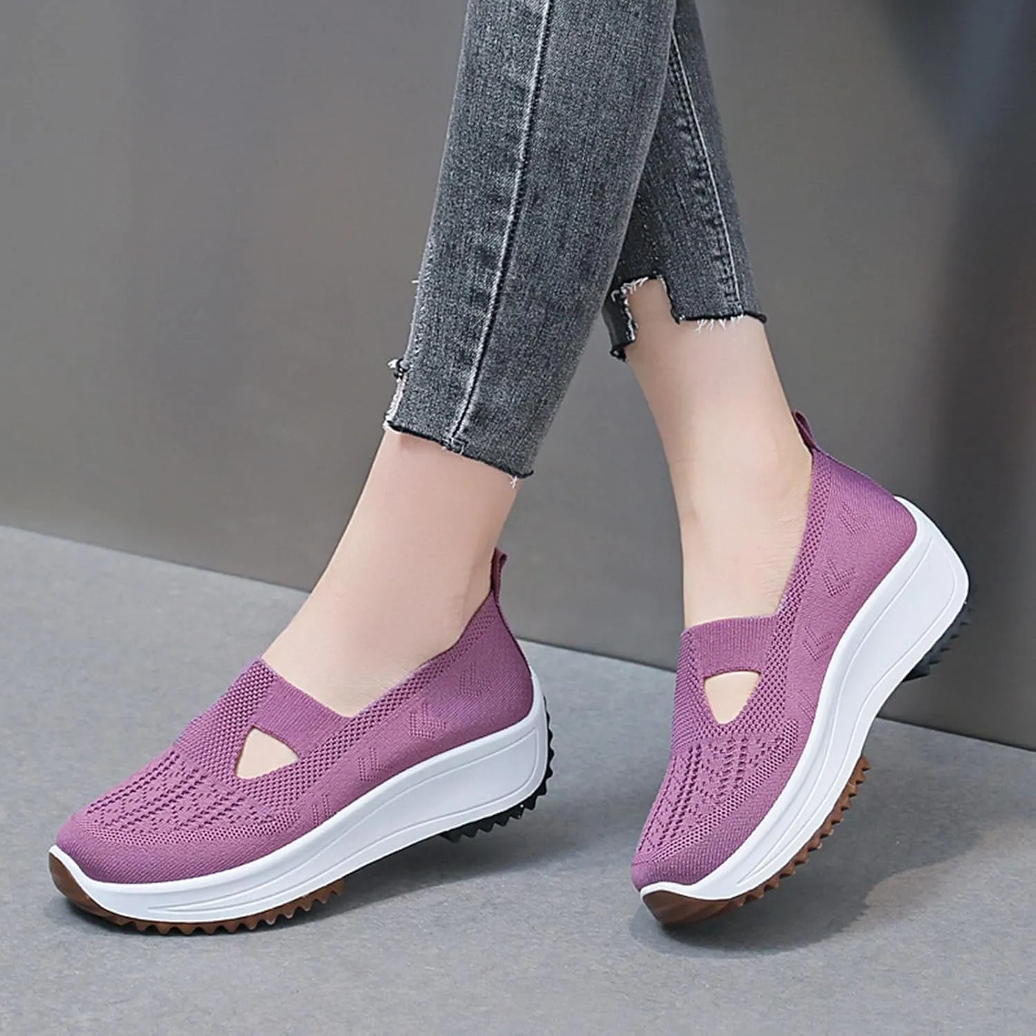 Fashion Summer Women Sports Shoes Flat Bottom Non Slip Mesh Hollow Upper Breathable Soft Slip On Low Top Platform Shoe