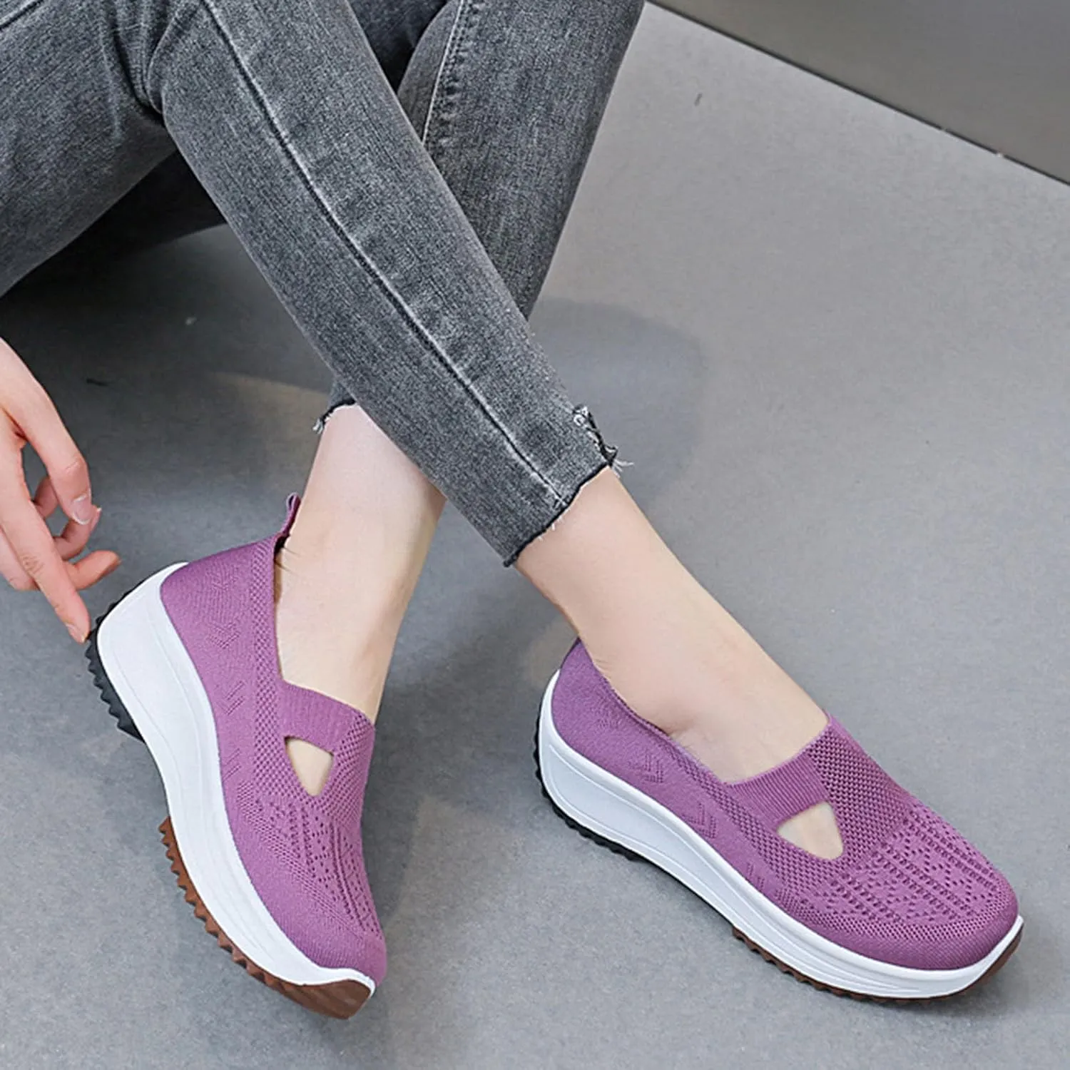 Fashion Summer Women Sports Shoes Flat Bottom Non Slip Mesh Hollow Upper Breathable Soft Slip On Low Top Platform Shoe