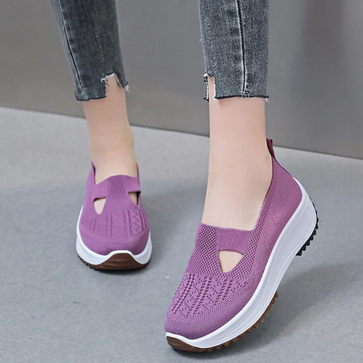 Fashion Summer Women Sports Shoes Flat Bottom Non Slip Mesh Hollow Upper Breathable Soft Slip On Low Top Platform Shoe