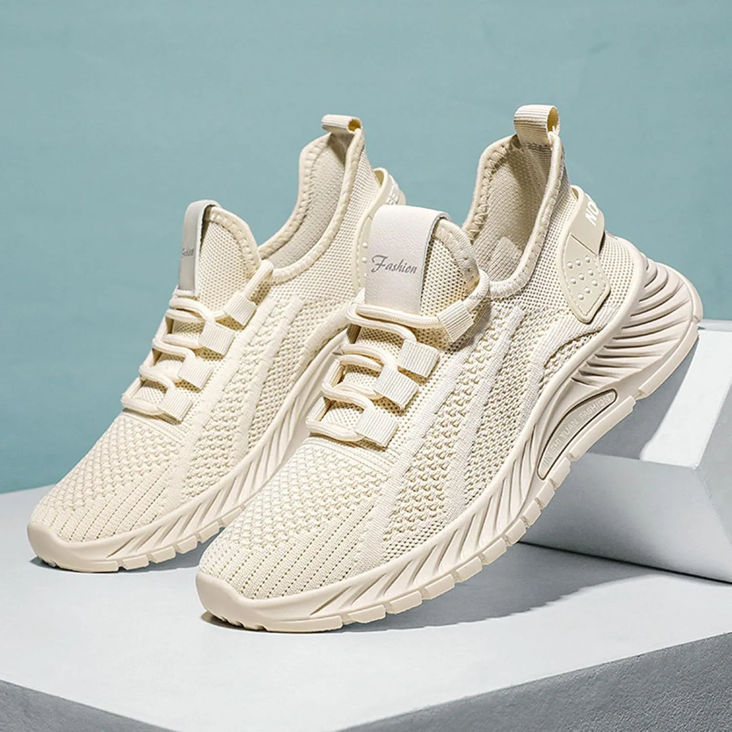 Flying Weaving Sneakers Women New Korean Fashion Round Head Lace Up Casual Shoes Thick Bottom Running Shoes Working
