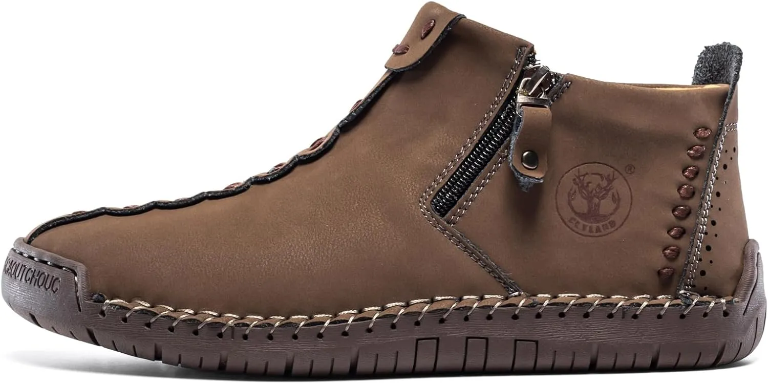 FLYLAND Men's Casual Leather Handmade Fashion Sneakers Ankle Chukka Boots Lightweight Mid-top Dress Shoes Walking Driving Shoe
