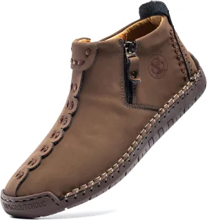 FLYLAND Men's Casual Leather Handmade Fashion Sneakers Ankle Chukka Boots Lightweight Mid-top Dress Shoes Walking Driving Shoe