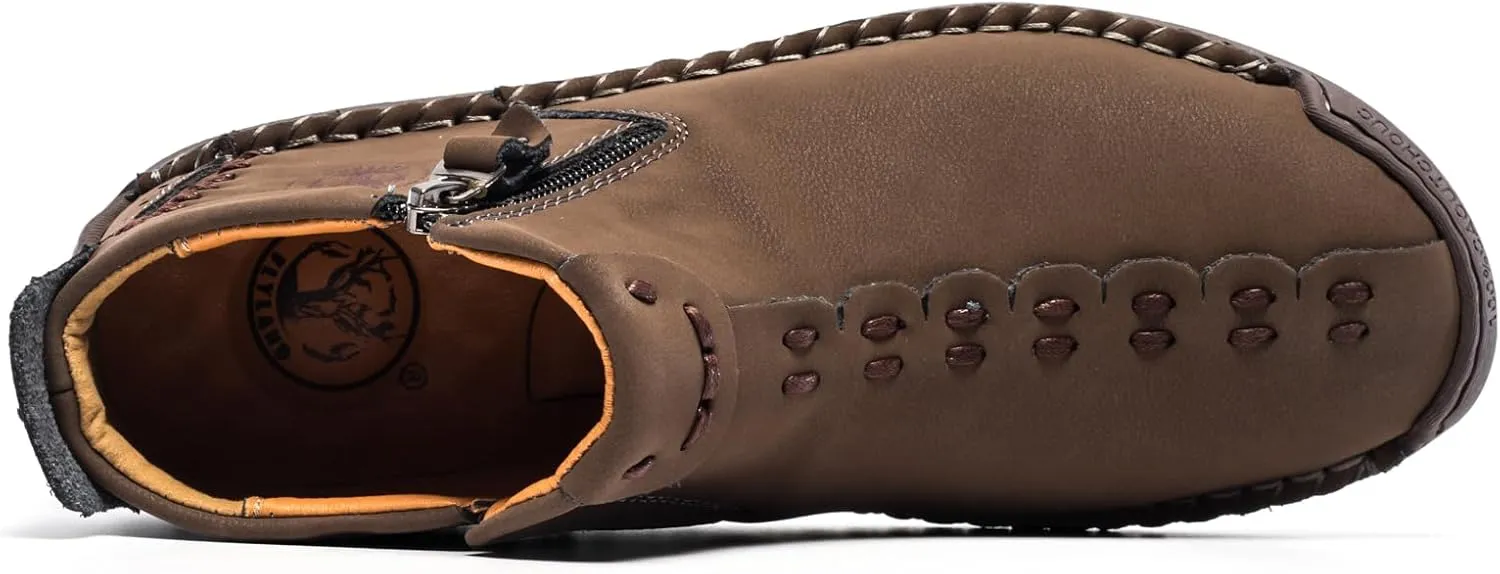 FLYLAND Men's Casual Leather Handmade Fashion Sneakers Ankle Chukka Boots Lightweight Mid-top Dress Shoes Walking Driving Shoe