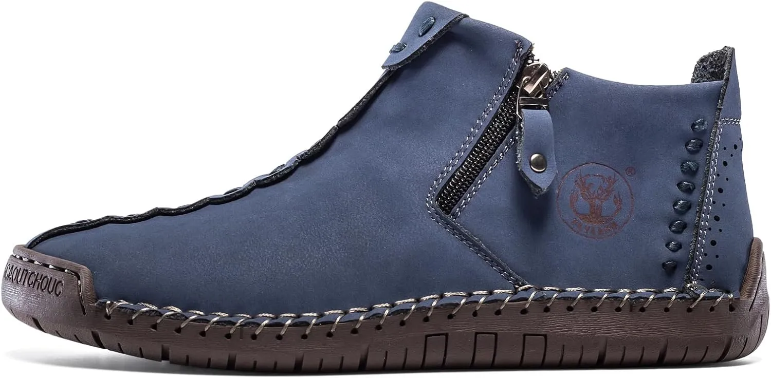 FLYLAND Men's Casual Leather Handmade Fashion Sneakers Ankle Chukka Boots Lightweight Mid-top Dress Shoes Walking Driving Shoe