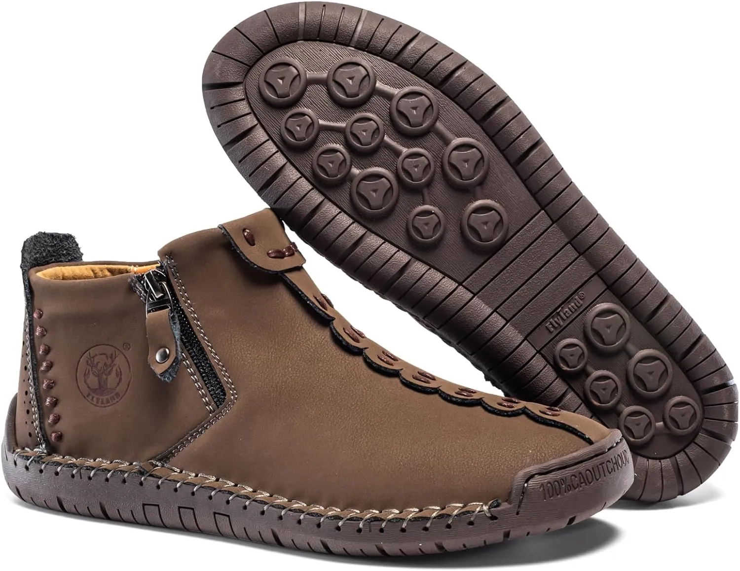 FLYLAND Men's Casual Leather Handmade Fashion Sneakers Ankle Chukka Boots Lightweight Mid-top Dress Shoes Walking Driving Shoe