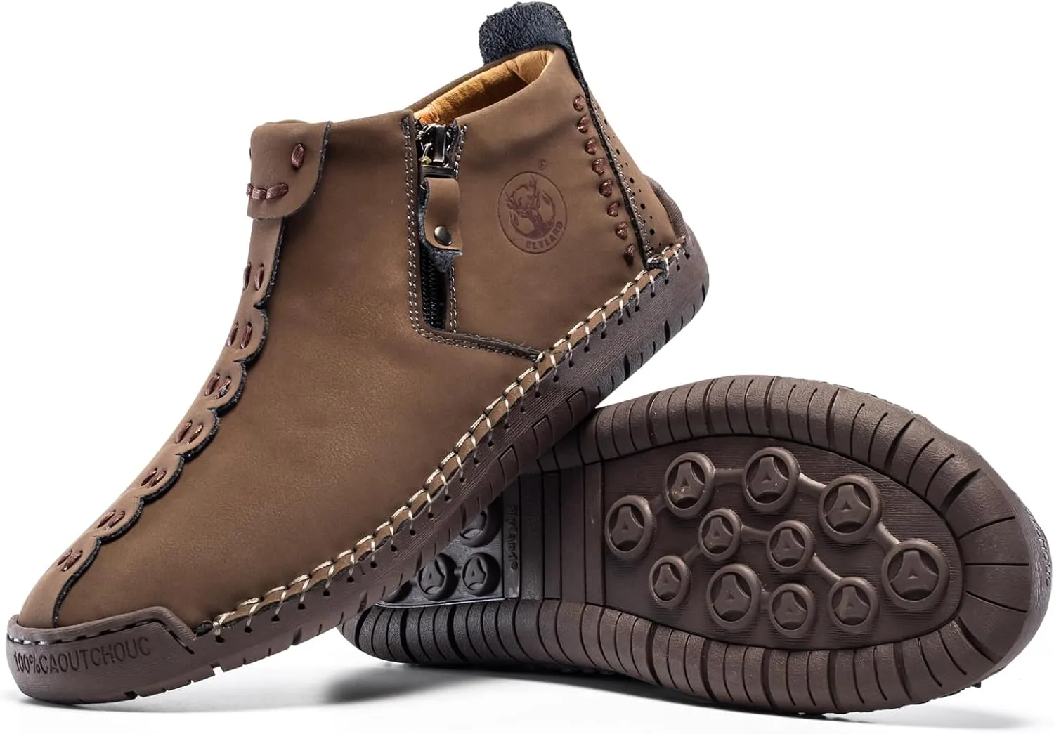 FLYLAND Men's Casual Leather Handmade Fashion Sneakers Ankle Chukka Boots Lightweight Mid-top Dress Shoes Walking Driving Shoe