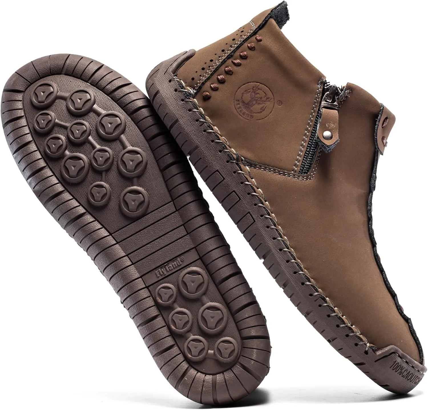 FLYLAND Men's Casual Leather Handmade Fashion Sneakers Ankle Chukka Boots Lightweight Mid-top Dress Shoes Walking Driving Shoe