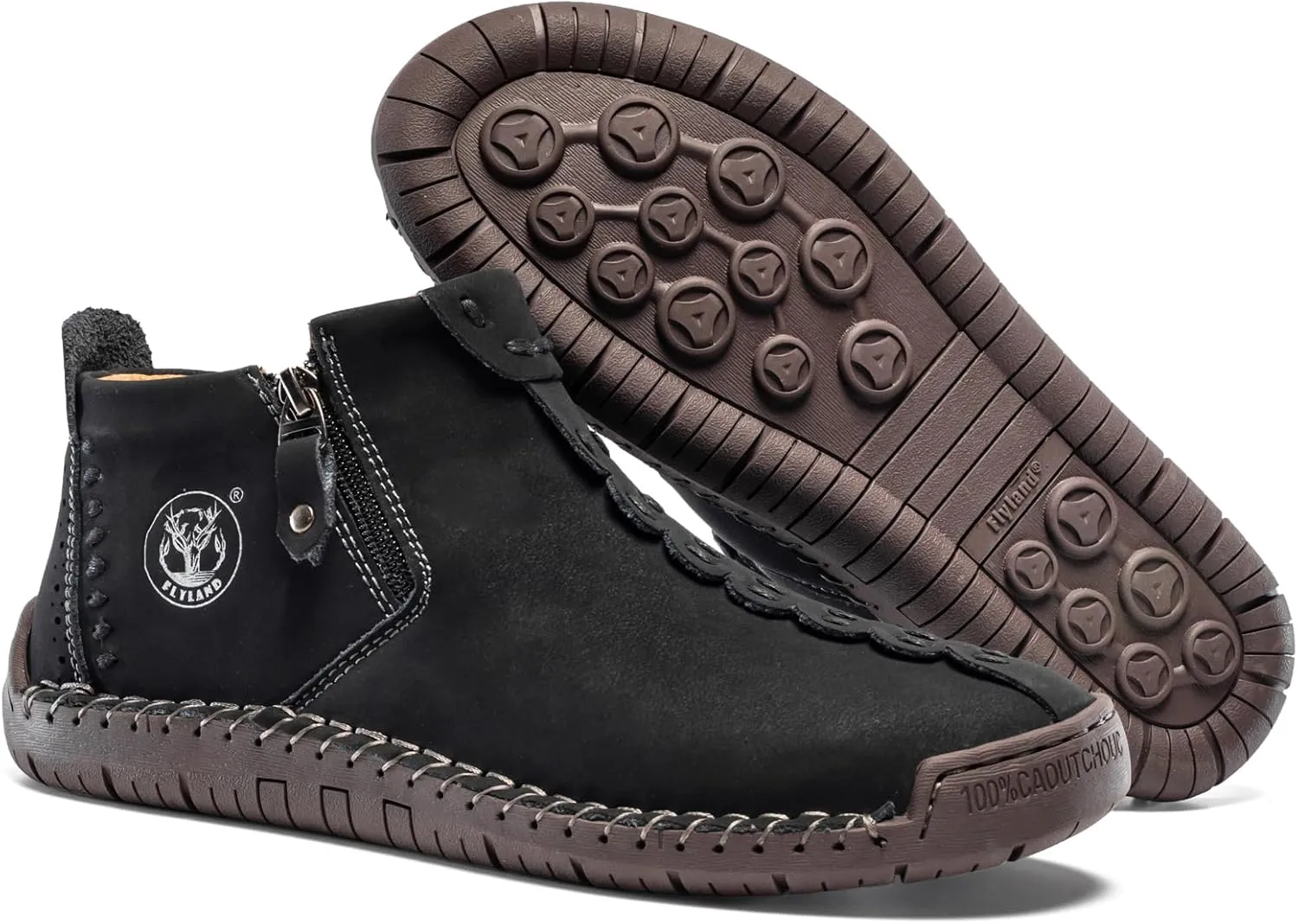 FLYLAND Men's Casual Leather Handmade Fashion Sneakers Ankle Chukka Boots Lightweight Mid-top Dress Shoes Walking Driving Shoe