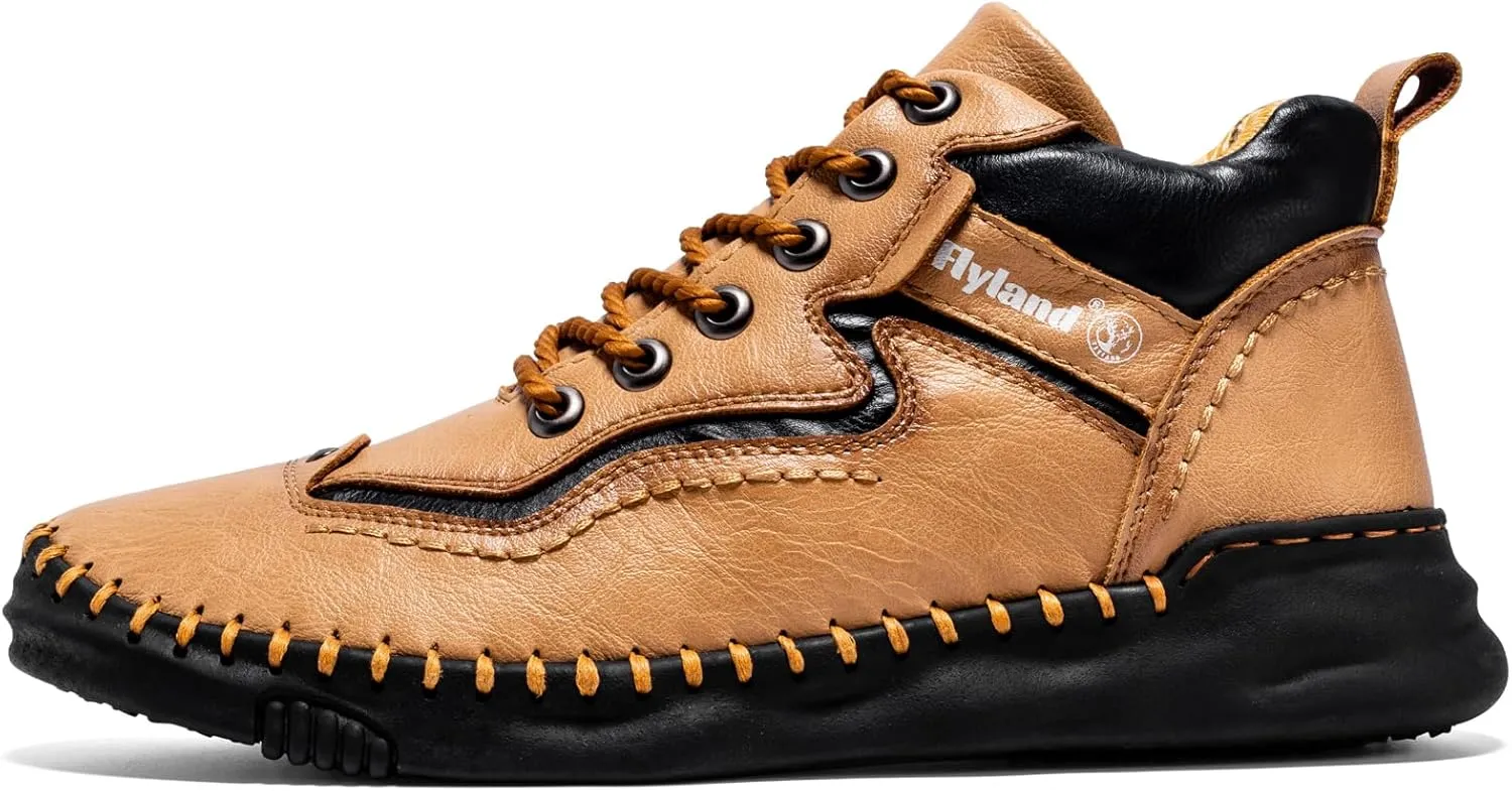 FLYLAND Mens Casual Leather Shoes Ankle Chukka Boots Handmade Retro British Walking Daily Work Office Sneakers Shoes for Male