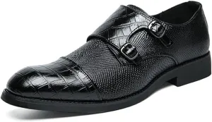Formal Oxford Shoes for Men Slip On Double Monk Strap Cap Toe PU Leather Rubber Sole Non Slip Anti-Slip Slip Resistant Low Top Walking (Color : Black, Size : 11)