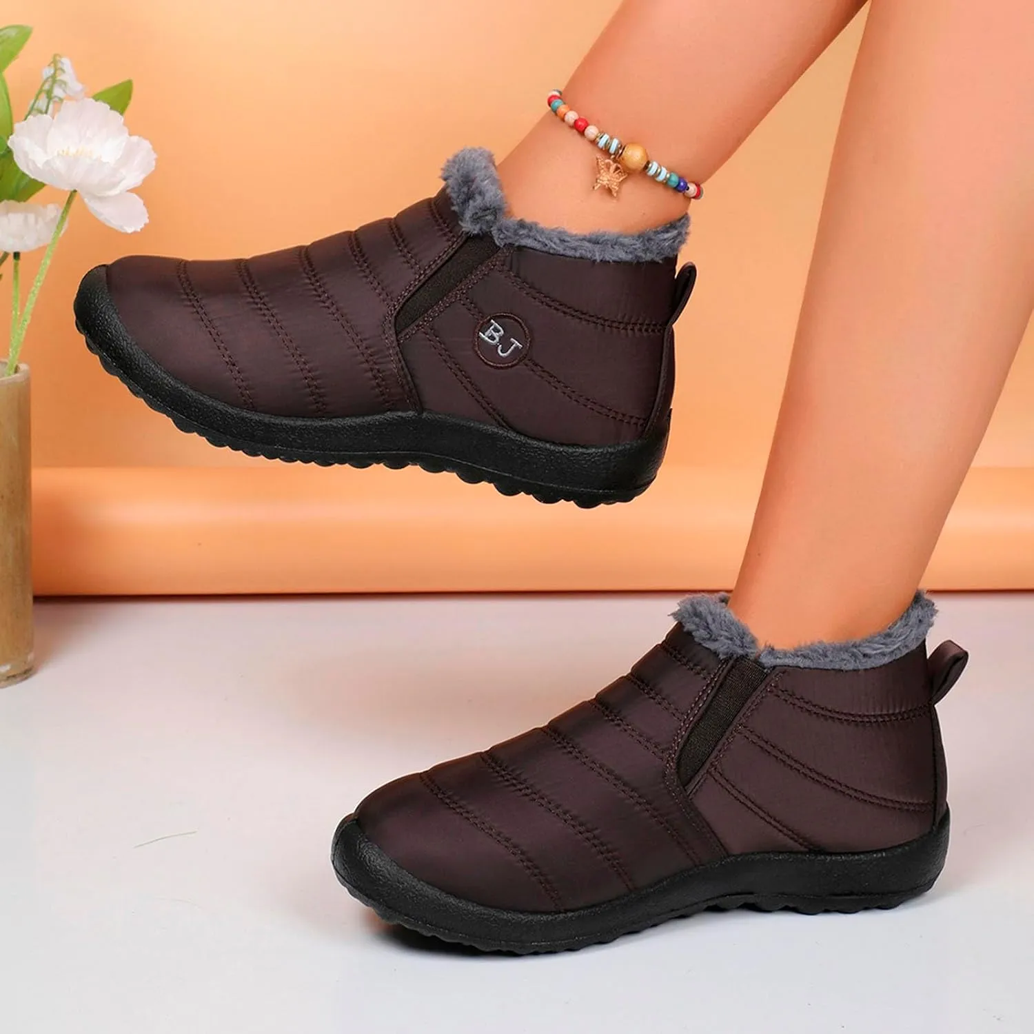 Fur Lined Ankle Boots Women Winter Warm Fleece Shoes Comfort Flat Booties Slip on Snow Booties Walking Boot
