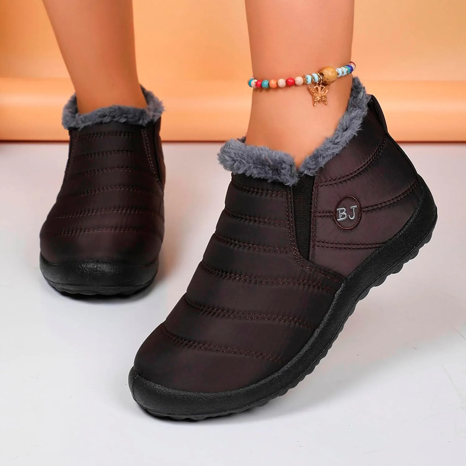 Fur Lined Ankle Boots Women Winter Warm Fleece Shoes Comfort Flat Booties Slip on Snow Booties Walking Boot