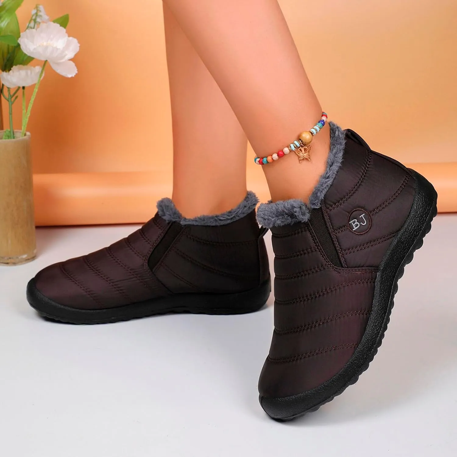 Fur Lined Ankle Boots Women Winter Warm Fleece Shoes Comfort Flat Booties Slip on Snow Booties Walking Boot