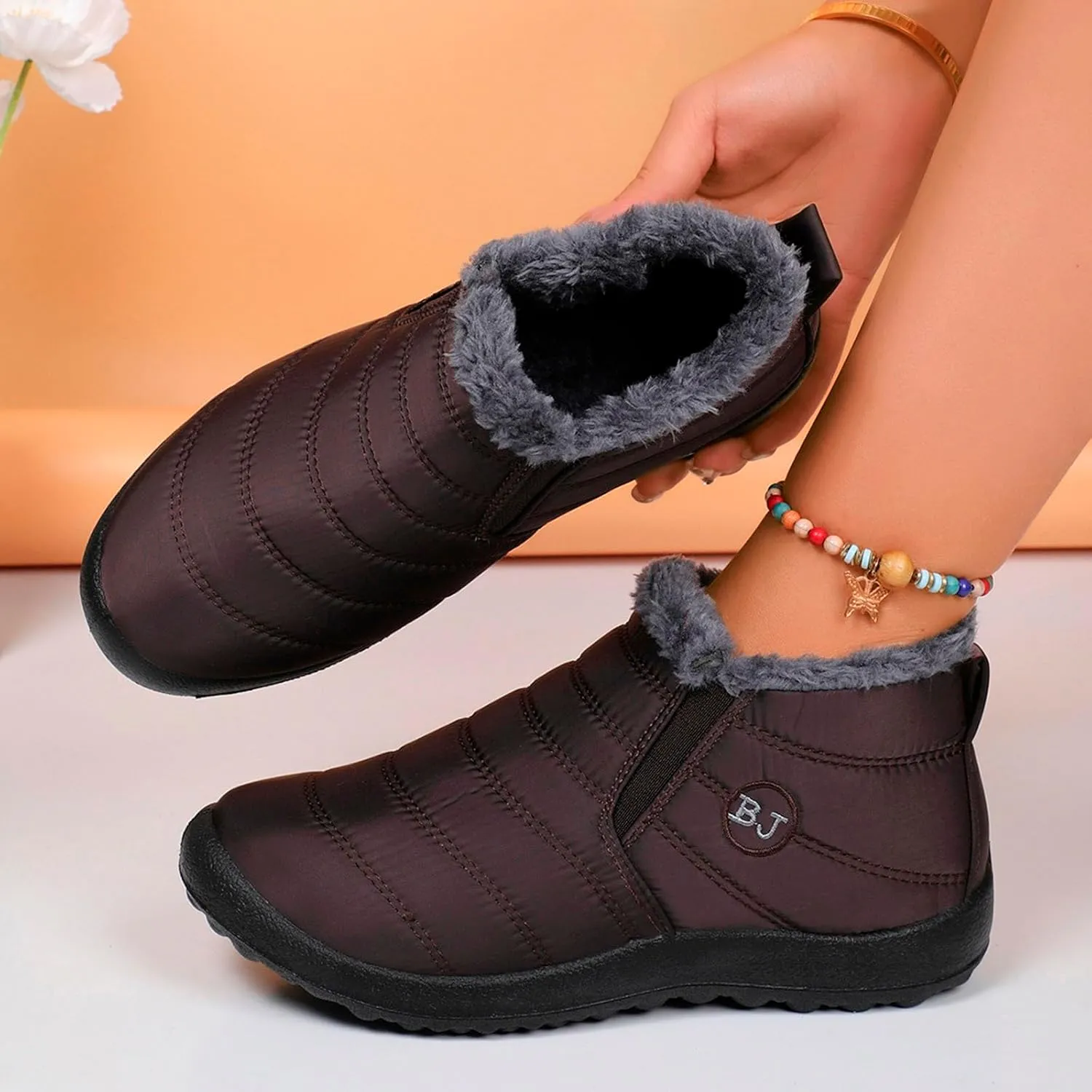 Fur Lined Ankle Boots Women Winter Warm Fleece Shoes Comfort Flat Booties Slip on Snow Booties Walking Boot