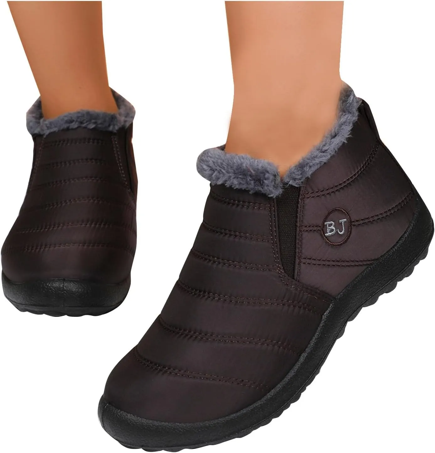 Fur Lined Ankle Boots Women Winter Warm Fleece Shoes Comfort Flat Booties Slip on Snow Booties Walking Boot