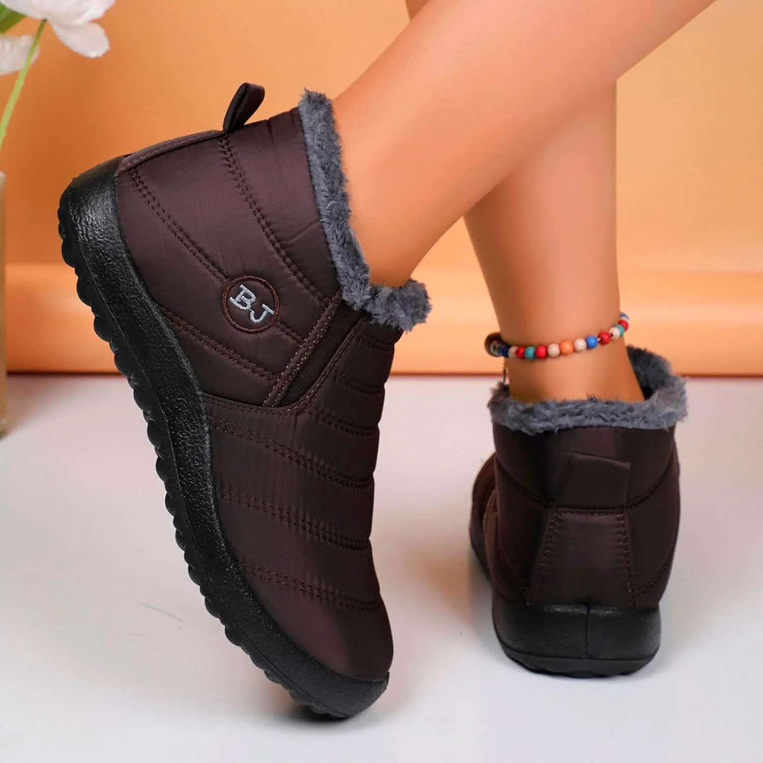 Fur Lined Ankle Boots Women Winter Warm Fleece Shoes Comfort Flat Booties Slip on Snow Booties Walking Boot